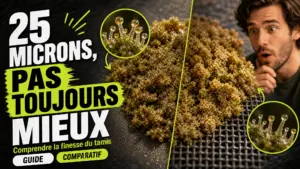 Deux textures de résine de chanvre sont comparées en gros plan à côté de mailles fines et plus larges.