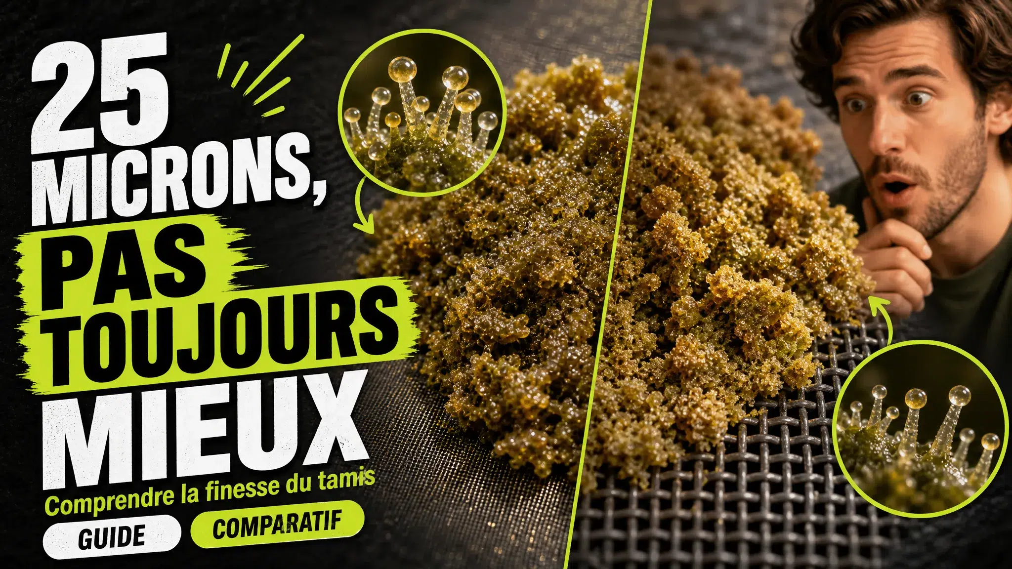 Deux textures de résine de chanvre sont comparées en gros plan à côté de mailles fines et plus larges.