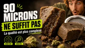 Gros plan éditorial sur plusieurs morceaux de hash CBD aux textures et densités variées, accompagnés de fragments de fleur de chanvre.