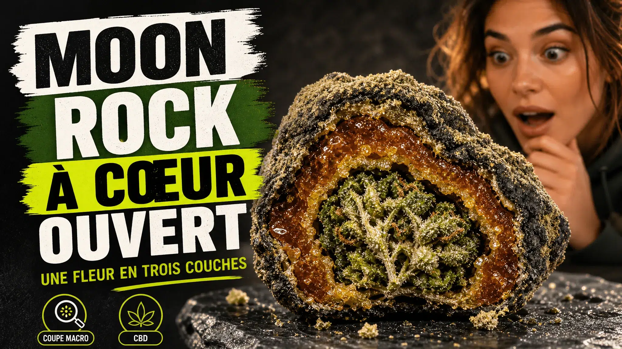 Une moon rock de chanvre présentée en coupe révèle un cœur végétal vert entouré de couches ambrée et poudrée.