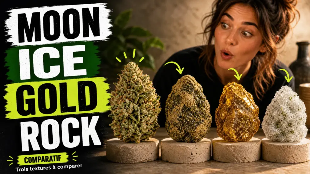 Quatre fleurs de chanvre aux textures contrastées présentent une fleur naturelle, un moon rock, un gold rock et un ice rock sur un fond minéral.