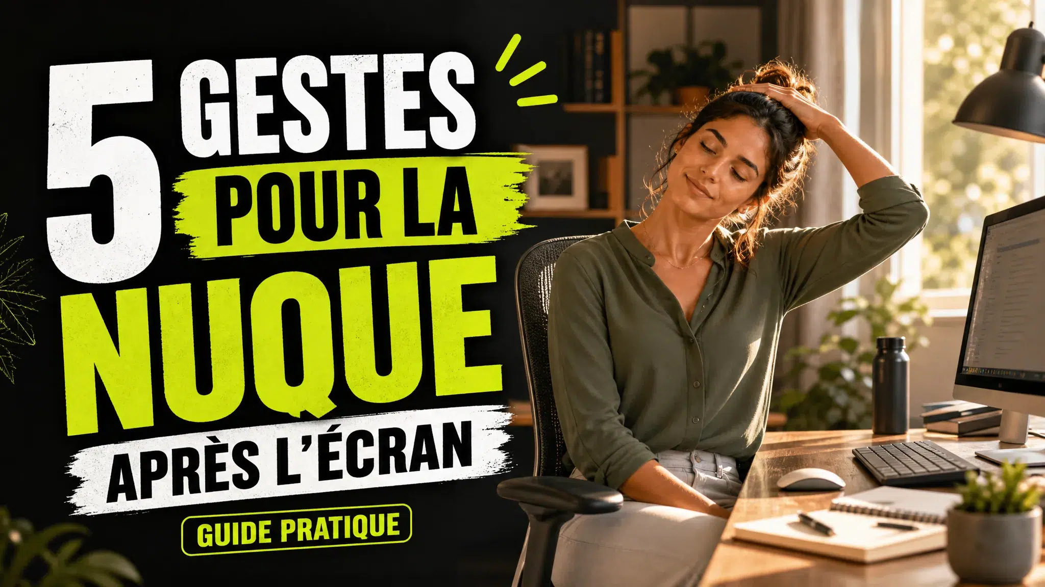 Une personne étire doucement sa nuque à côté d’un ordinateur installé sur un bureau à domicile.