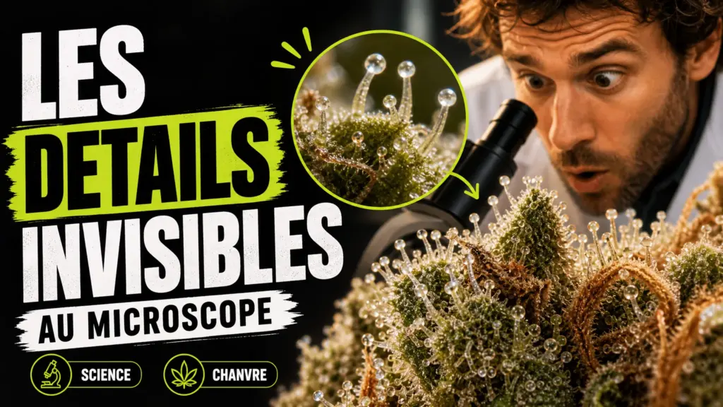 Vue macro d’une fleur de chanvre révélant ses trichomes translucides et quelques fragments végétaux.