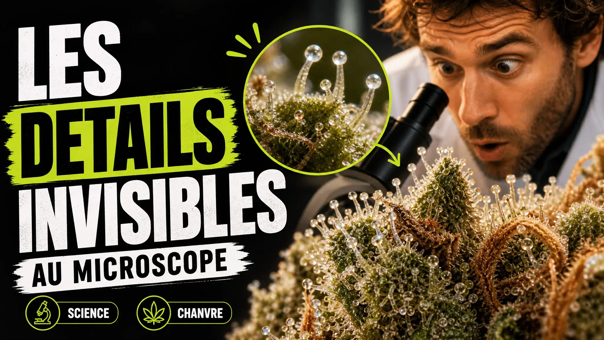 Vue macro d’une fleur de chanvre révélant ses trichomes translucides et quelques fragments végétaux.