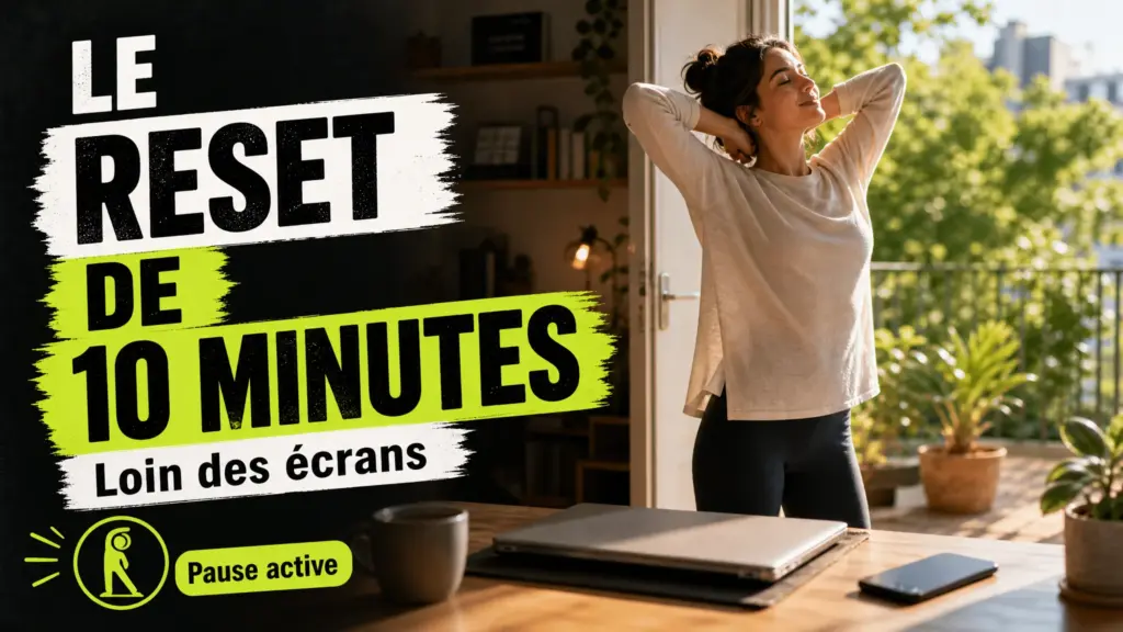 Une personne s’éloigne de son bureau après avoir fermé son ordinateur pour s’étirer quelques minutes près d’une porte ouverte.