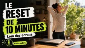 Une personne s’éloigne de son bureau après avoir fermé son ordinateur pour s’étirer quelques minutes près d’une porte ouverte.