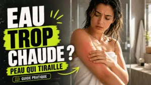 Une personne observe la peau légèrement rougie de son avant-bras dans une salle de bains après la douche.