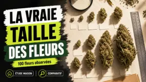 Une série de fleurs de chanvre intactes est disposée du plus petit au plus grand avec une règle neutre pour comparer leurs dimensions.