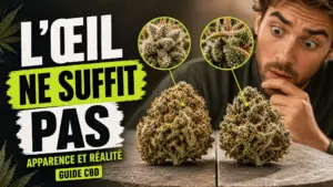 Deux fleurs de hemp aux apparences proches sont photographiées en macro pour comparer leurs trichomes, leur densité et leur couleur.