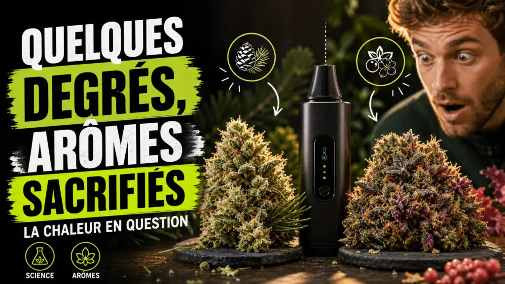 Deux fleurs de chanvre aux profils visuels contrastés entourent un vaporisateur discret dans une mise en scène botanique soignée.
