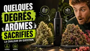 Deux fleurs de chanvre aux profils visuels contrastés entourent un vaporisateur discret dans une mise en scène botanique soignée.