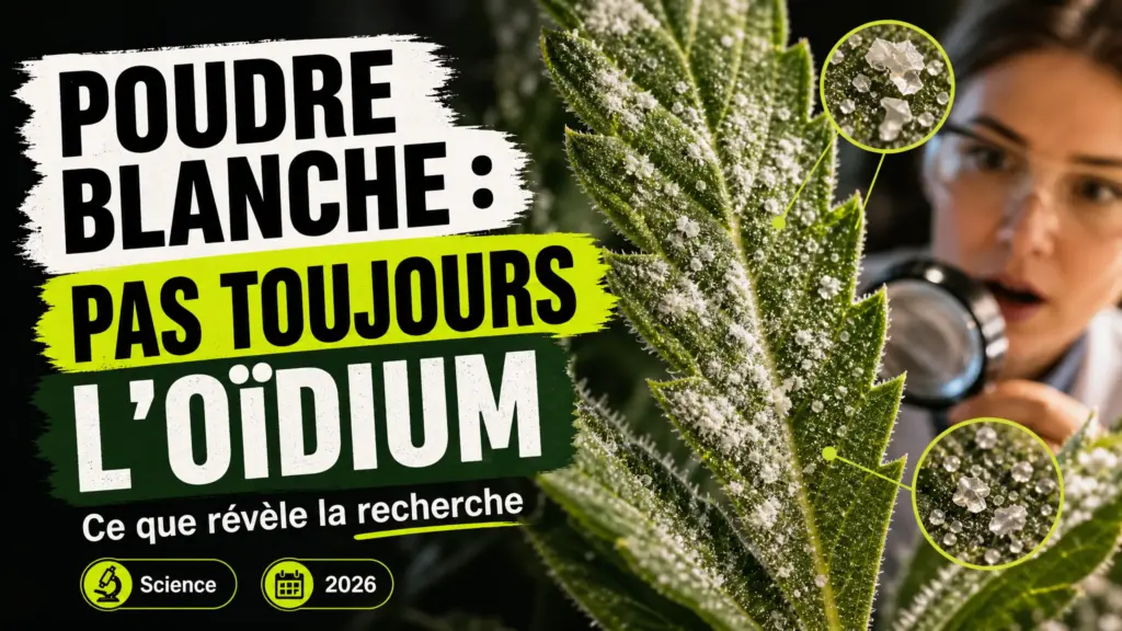 Gros plan sur une feuille de chanvre portant des dépôts blancs poudreux et cristallins à sa surface.