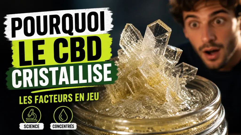 Gros plan sur des cristaux blancs et translucides formés dans un concentré de CBD clair.