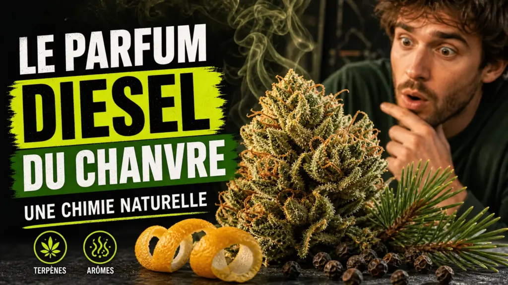Gros plan sur une fleur de chanvre résineuse entourée d’écorces d’agrumes, de grains de poivre et d’aiguilles de pin.