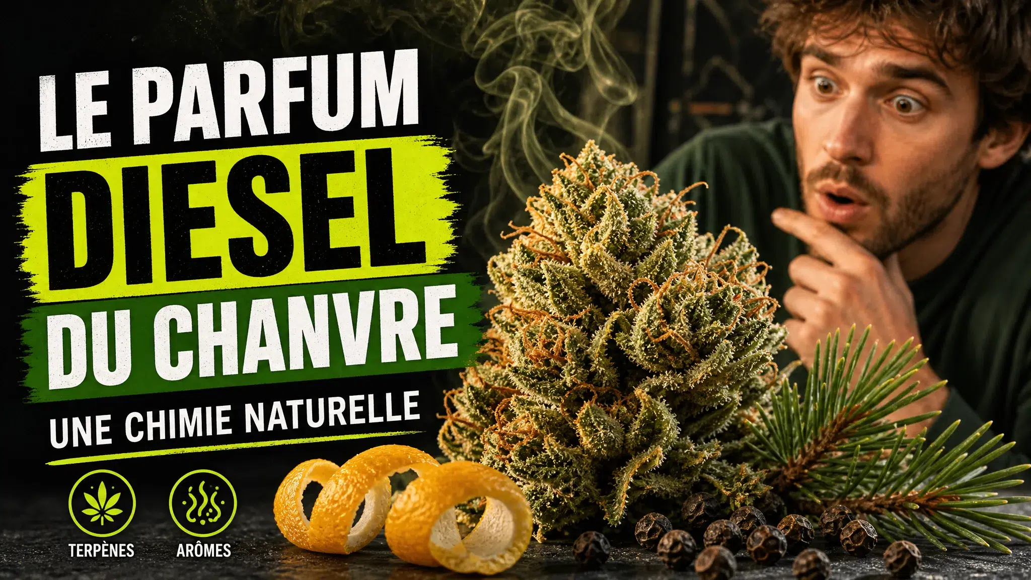 Gros plan sur une fleur de chanvre résineuse entourée d’écorces d’agrumes, de grains de poivre et d’aiguilles de pin.