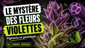 Gros plan d’une fleur de chanvre aux bractées violettes, avec un dégradé naturel vers le vert et des détails végétaux finement éclairés.