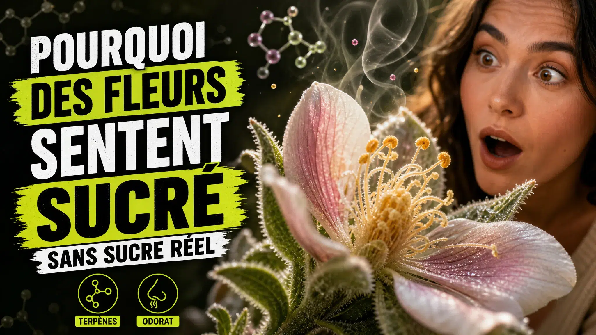 Gros plan sur une fleur aux pétales délicats dont s’échappent de fines volutes évoquant un parfum sucré.