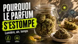 Une fleur de chanvre séchée repose dans un bocal hermétique à côté d’une fleur plus exposée, dans une scène botanique évoquant la perte progressive des arômes.