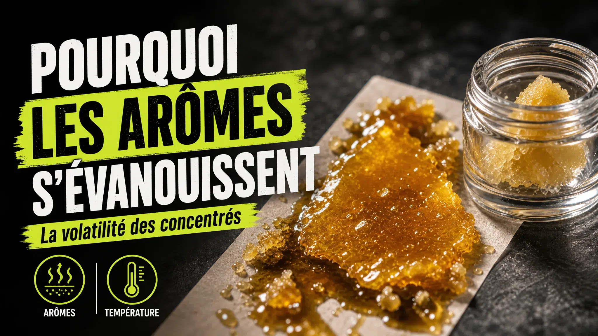 Gros plan éditorial sur deux concentrés de chanvre, l’un étalé sur un support neutre et l’autre protégé dans un petit récipient en verre.