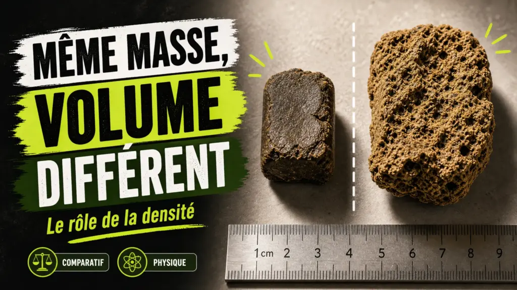 Deux morceaux de résine de chanvre, l’un compact et l’autre plus volumineux, sont présentés côte à côte avec une règle graduée.