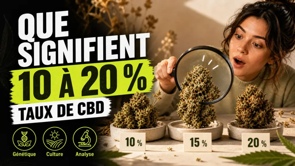 Trois fleurs de chanvre de textures différentes sont présentées avec les repères 10 %, 15 % et 20 %, tandis qu’une loupe observe la fleur centrale.