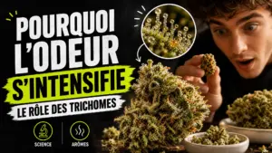Vue macro d’une fleur de chanvre couverte de trichomes brillants, accompagnée de fragments botaniques dans une coupelle en céramique.