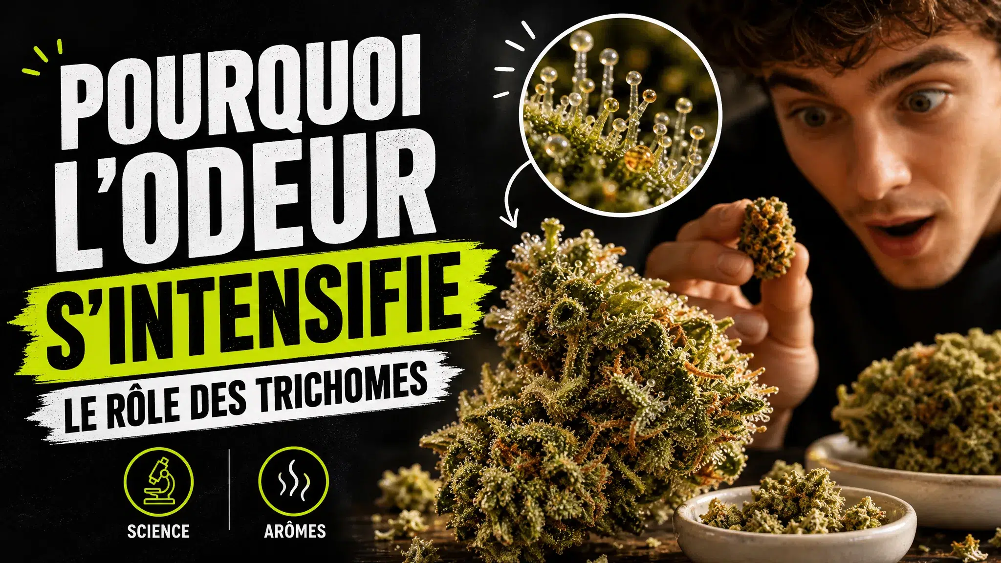 Vue macro d’une fleur de chanvre couverte de trichomes brillants, accompagnée de fragments botaniques dans une coupelle en céramique.