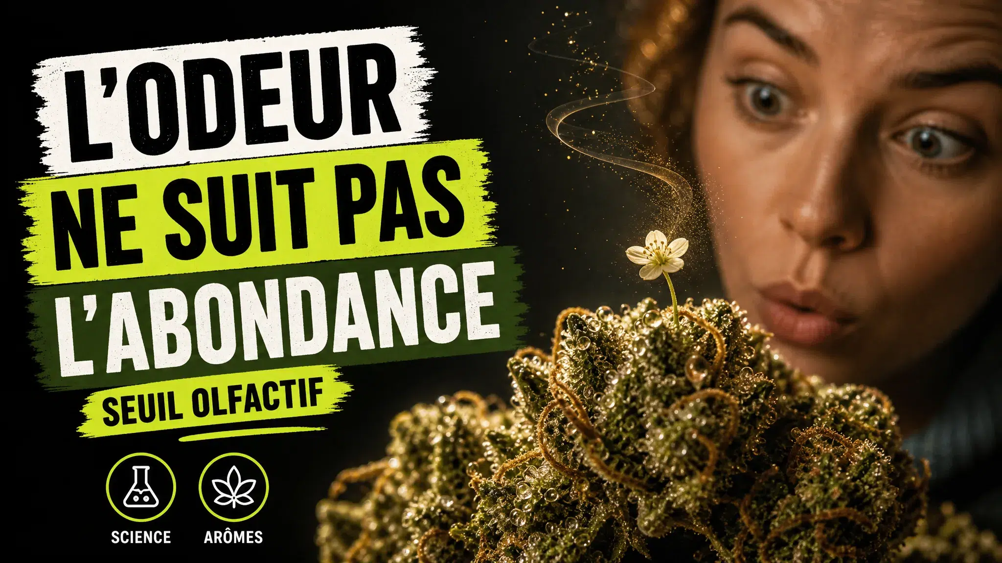 Une fleur de chanvre détaillée est accompagnée d’un minuscule accent aromatique qui attire davantage le regard que l’ensemble végétal.