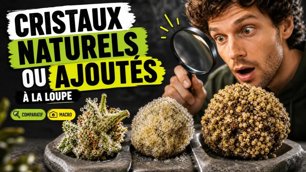 Trois formes de fleurs de chanvre sont comparées en gros plan, d’une fleur aux trichomes discrets à une moon rock recouverte d’une couche granuleuse dense.