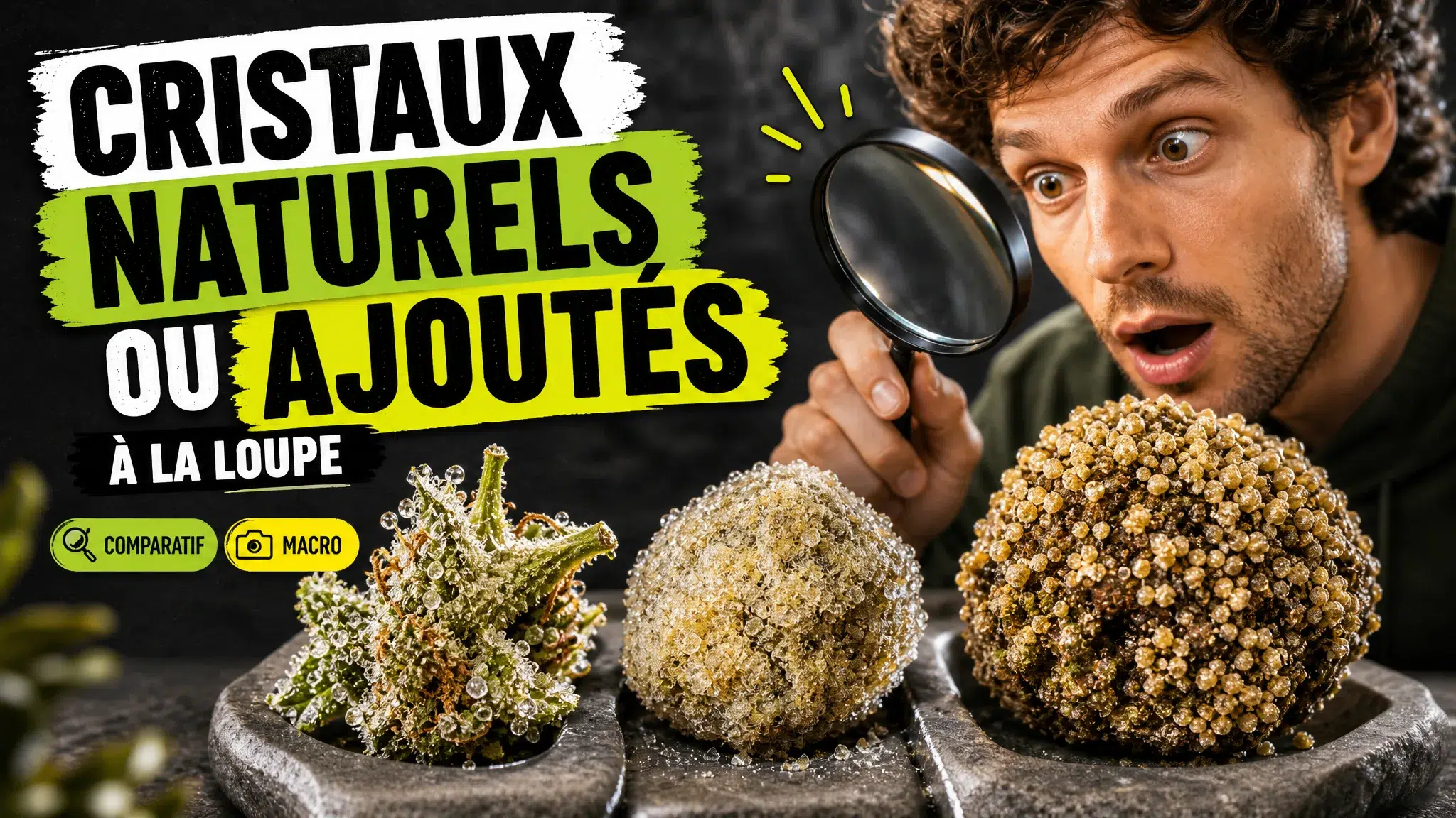 Trois formes de fleurs de chanvre sont comparées en gros plan, d’une fleur aux trichomes discrets à une moon rock recouverte d’une couche granuleuse dense.