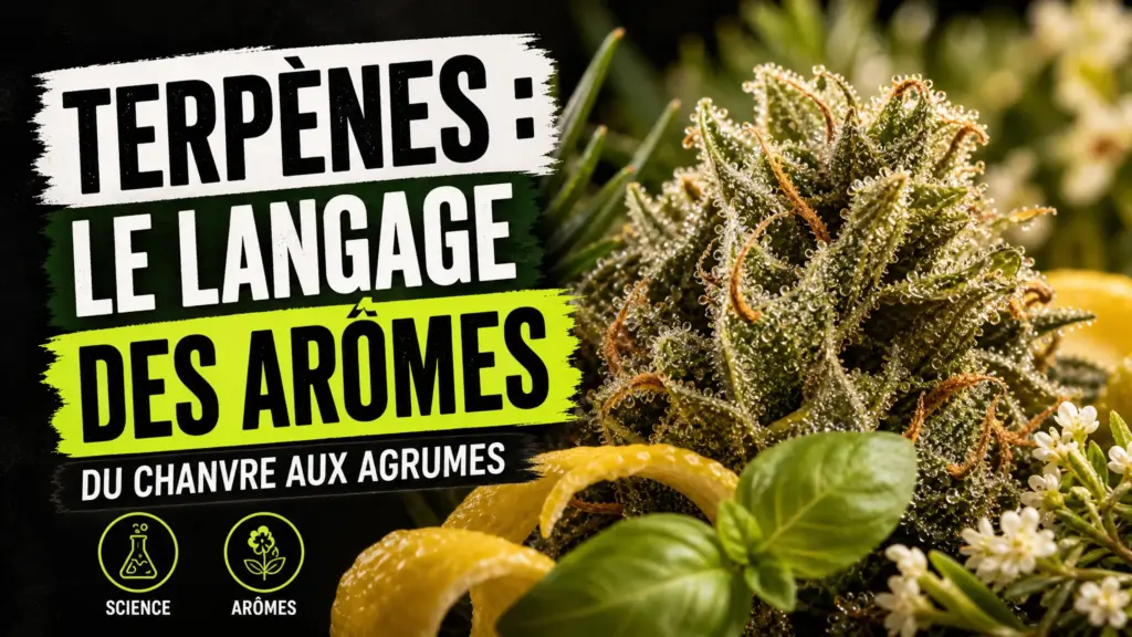 Gros plan sur une fleur de chanvre couverte de trichomes, entourée de zeste de citron, de basilic et d’aiguilles de pin.