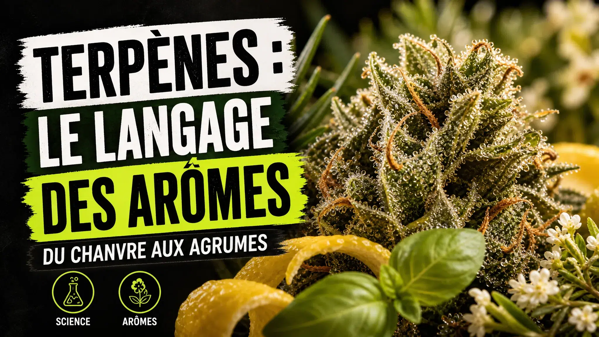 Gros plan sur une fleur de chanvre couverte de trichomes, entourée de zeste de citron, de basilic et d’aiguilles de pin.