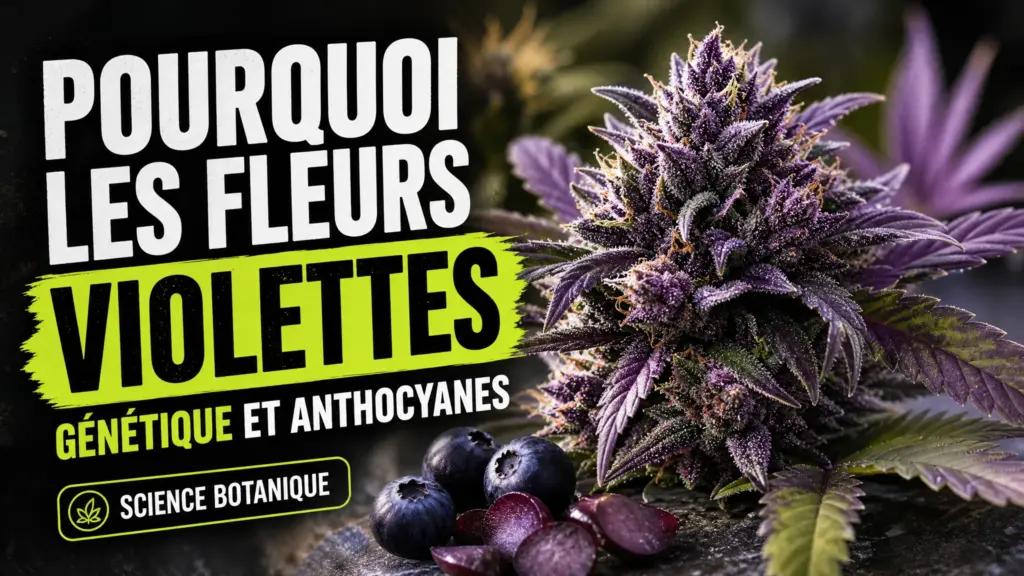 Gros plan sur une fleur de chanvre aux bractées violettes, entourée de quelques myrtilles et raisins sombres.
