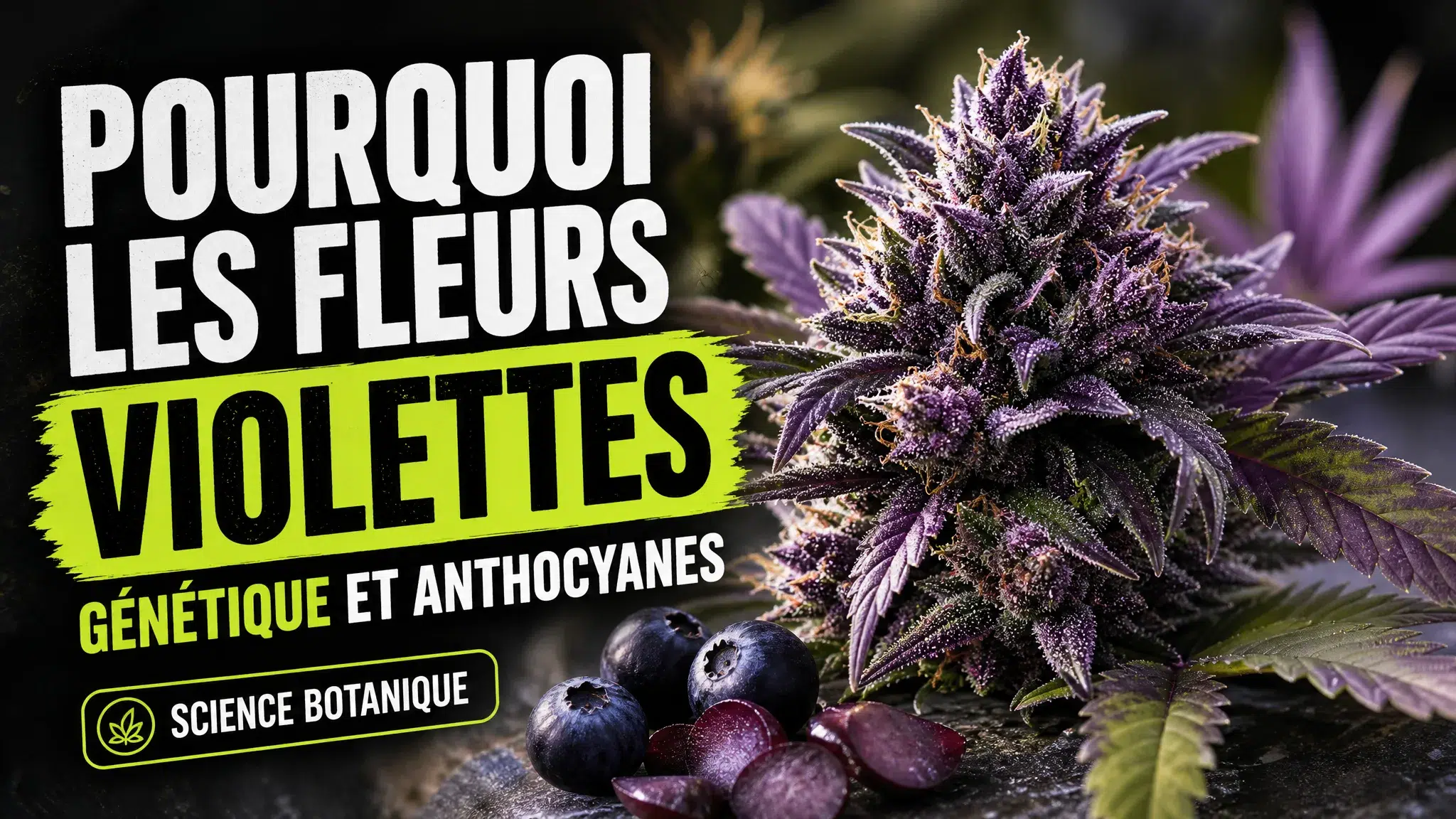 Gros plan sur une fleur de chanvre aux bractées violettes, entourée de quelques myrtilles et raisins sombres.