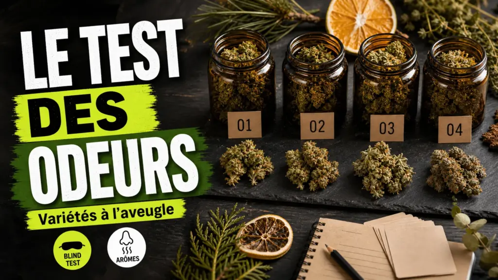 Quatre bocaux identiques numérotés présentent des fleurs de chanvre pour un test olfactif à l’aveugle.