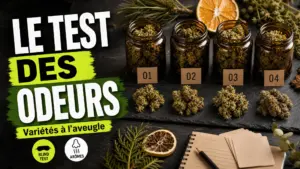 Quatre bocaux identiques numérotés présentent des fleurs de chanvre pour un test olfactif à l’aveugle.