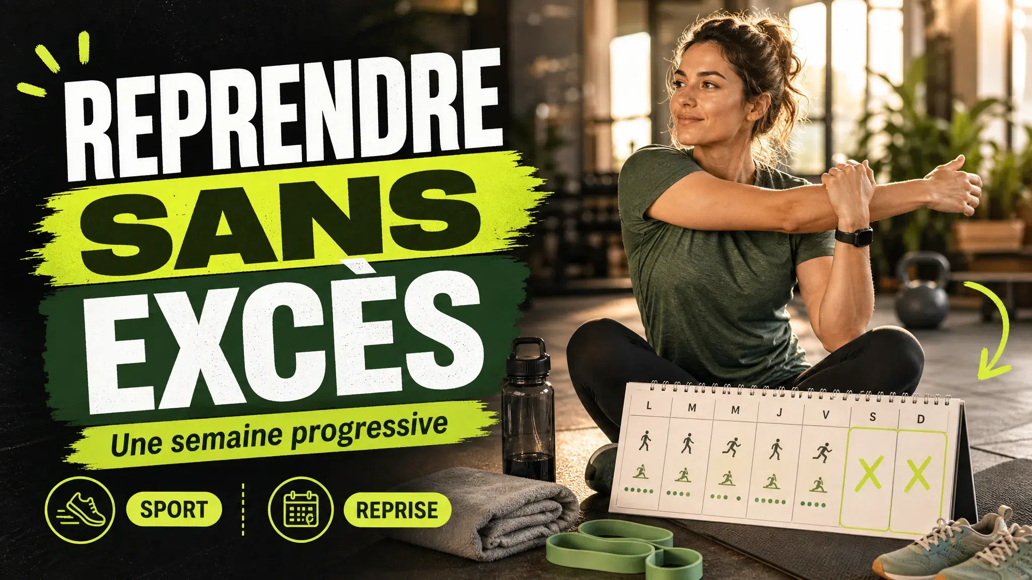 Un sportif reprend doucement l’entraînement dans une salle lumineuse, avec des chaussures et un planning de récupération au premier plan.