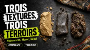 Trois échantillons de résine de chanvre aux textures friable, compacte et dense sont présentés côte à côte sur une surface en pierre sombre.