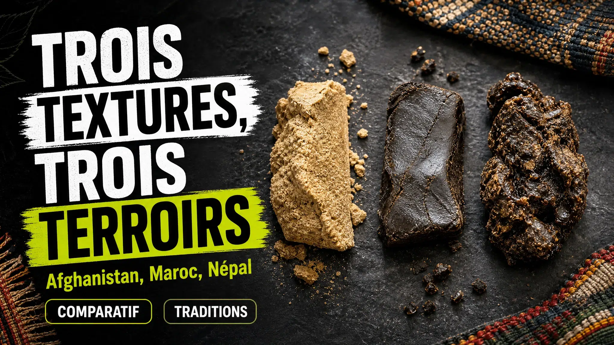 Trois échantillons de résine de chanvre aux textures friable, compacte et dense sont présentés côte à côte sur une surface en pierre sombre.