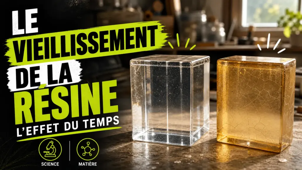 Deux échantillons de résine époxy, l’un transparent et brillant, l’autre jauni et terni par le vieillissement, sont présentés côte à côte.
