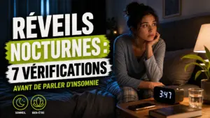 Une personne assise au bord de son lit observe une horloge affichant 3 h 47 dans une chambre sombre.