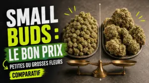 Deux portions de fleurs de chanvre de tailles différentes sont présentées côte à côte pour comparer leur volume, leur densité et leur aspect.