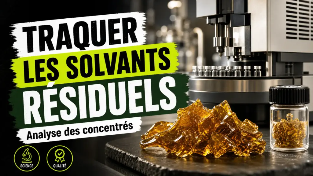 Un concentré de chanvre ambré repose dans un récipient fermé devant un chromatographe de laboratoire en acier.
