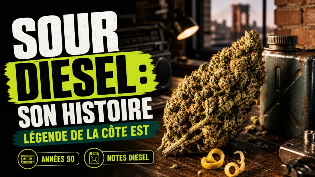 Une fleur de chanvre dense repose sur une table en bois vieillie, entourée d’un zeste de citron et d’éléments évoquant l’univers automobile des années 1990.