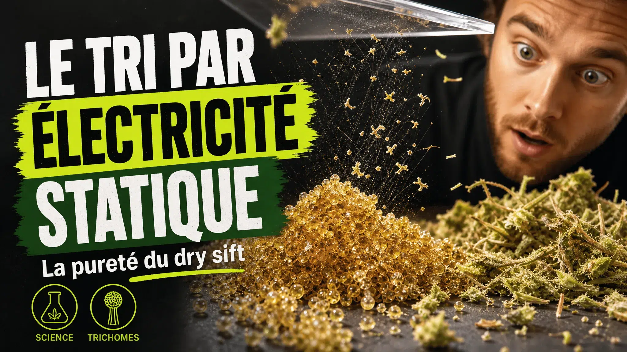 Vue macro de particules de résine sèche dorée et de fragments végétaux de chanvre présentés sur une surface sombre.