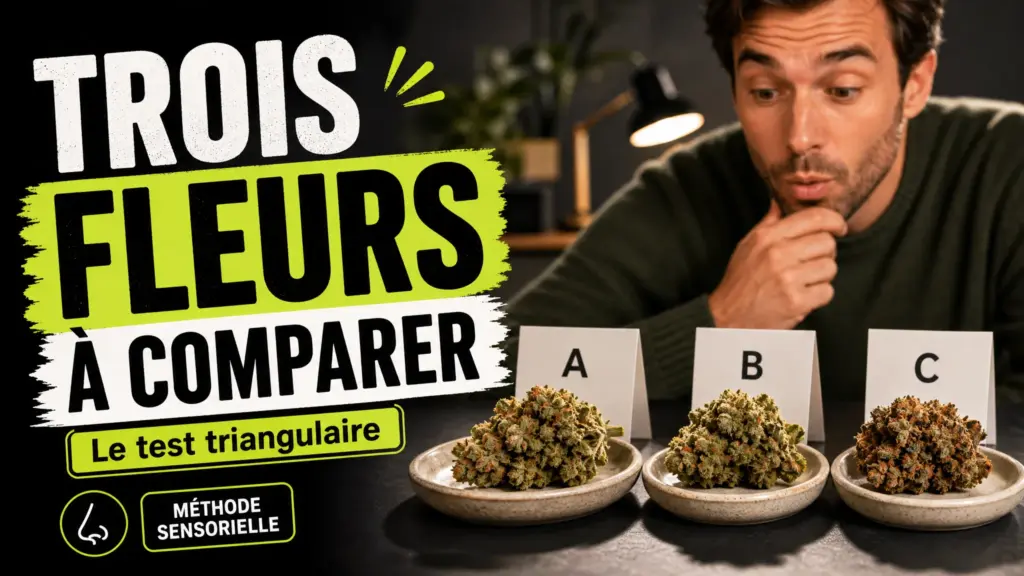 Trois échantillons de fleurs de chanvre codés sont disposés en triangle sur une surface neutre pour une comparaison sensorielle.