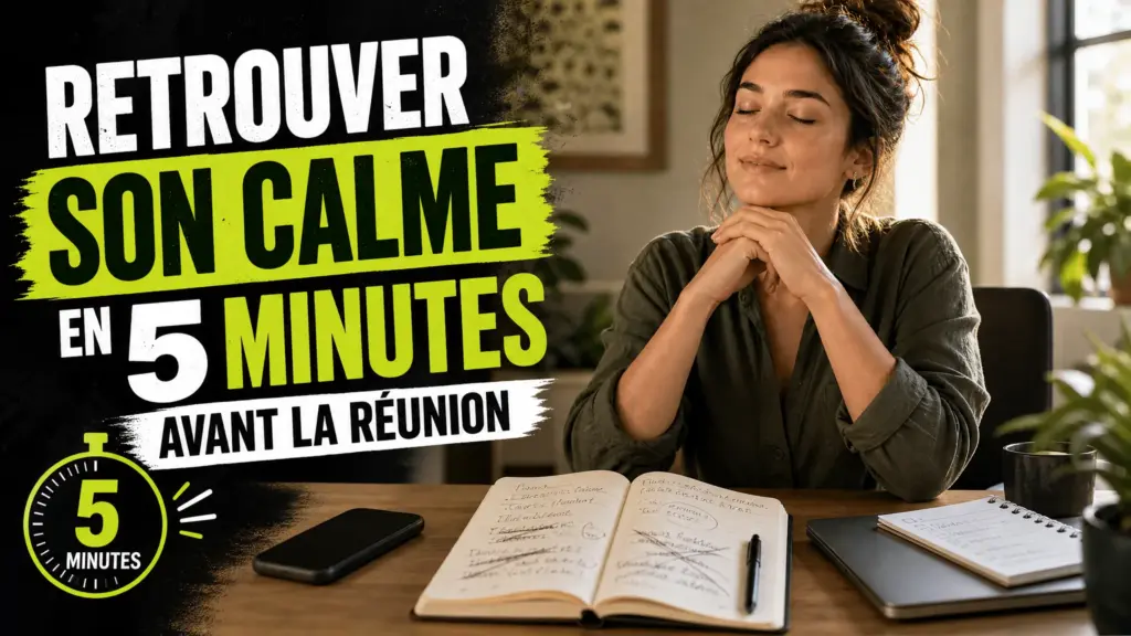 Une personne assise à son bureau prend quelques minutes de calme avant une réunion, avec un carnet ouvert et un téléphone posé face contre table.