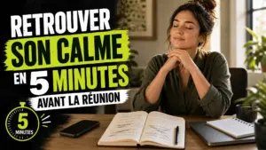 Une personne assise à son bureau prend quelques minutes de calme avant une réunion, avec un carnet ouvert et un téléphone posé face contre table.