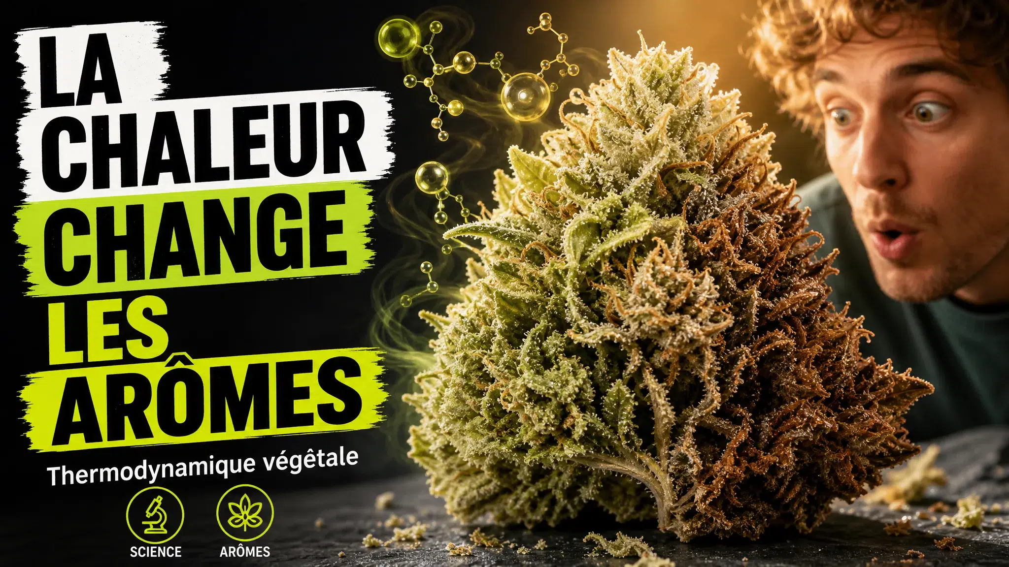 Gros plan d’une fleur de chanvre aux nuances aromatiques suggérées par un dégradé subtil allant du citronné au boisé.