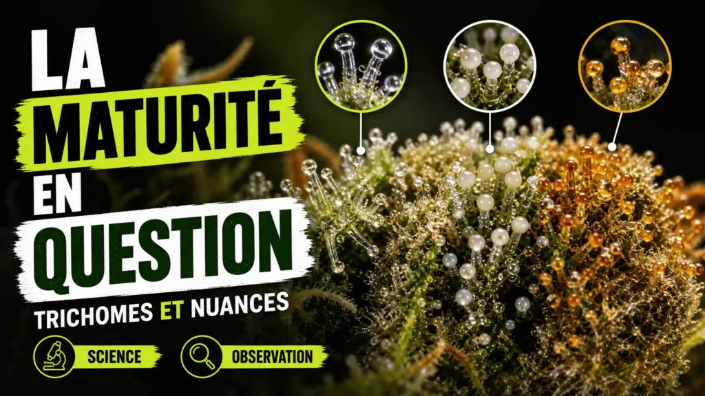 Vue macro d’une fleur de chanvre montrant des trichomes translucides, laiteux et ambrés répartis de façon irrégulière.